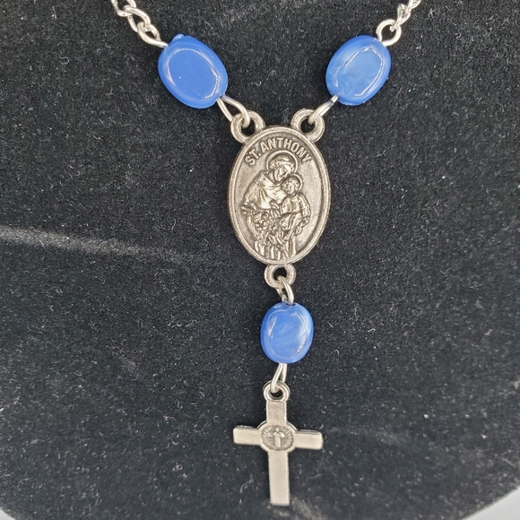 St. Anthony and St. Peregrine Silvertone Blue Necklace - Picture 2 of 4